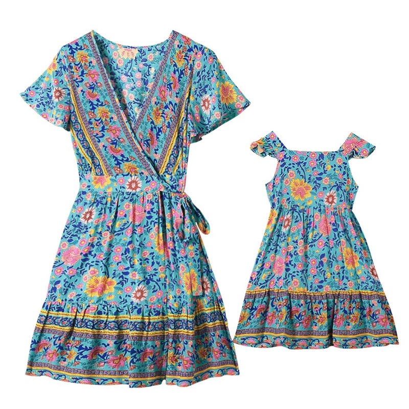 PopReal Mommy and Me Dresses Boho Casual Maxi Dress Summer Short Dress V Neck Wrap Floral Print Short Sleeve - Image 1